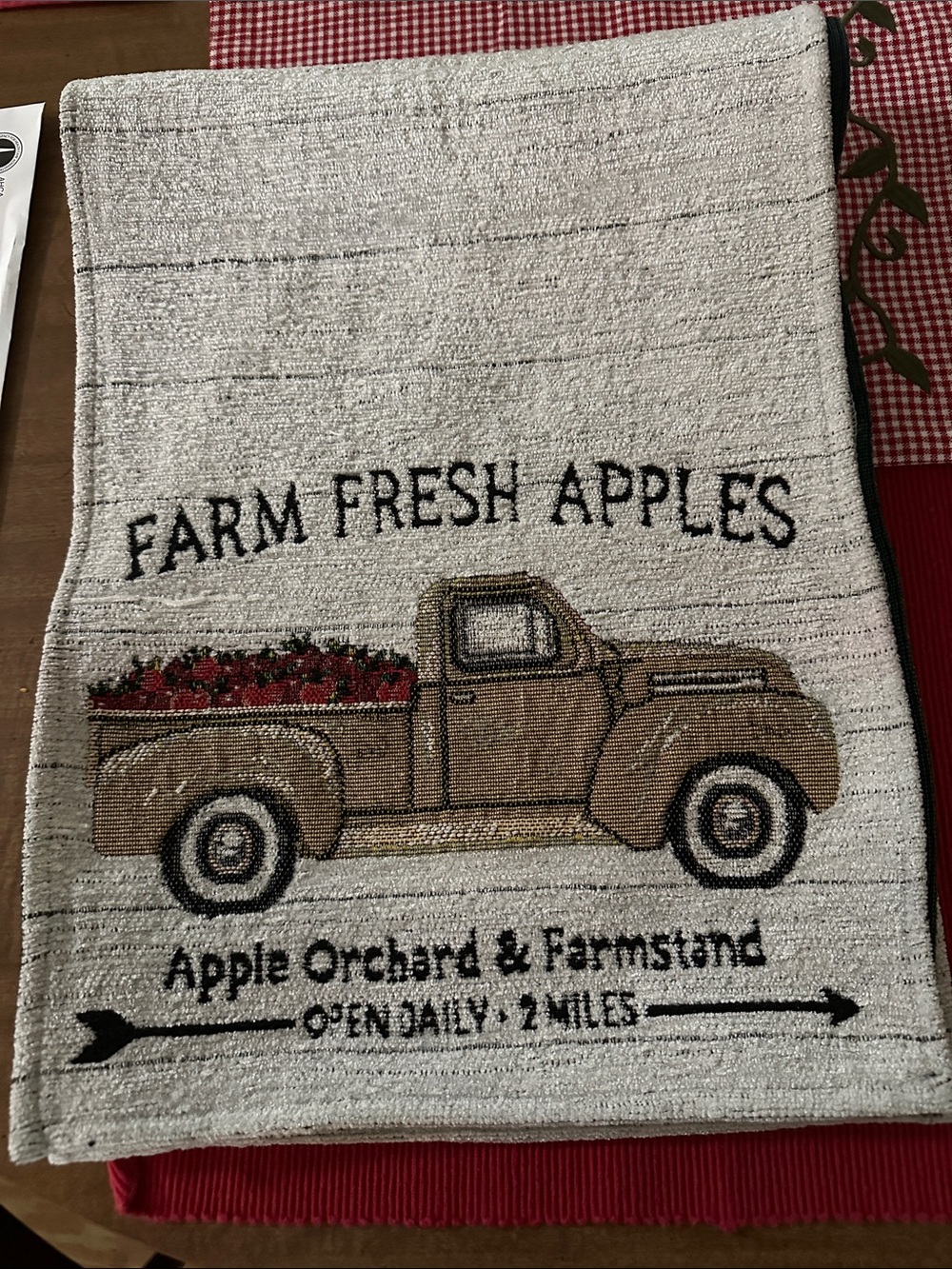 Farm Fresh Apples Embroidered Truck table runner - Beige, Red, Black